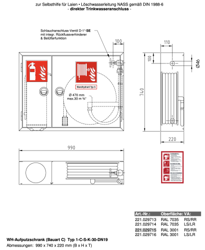 Wandhydrantenschrank Typ S Wandhydrant, Selbsthilfe, inkl. Feuerlöscherfach